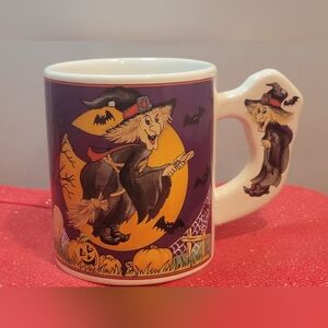 Vintage Halloween Coffee/Tea Mug Ceramic Flying Witch Broom Bats Witch Handle